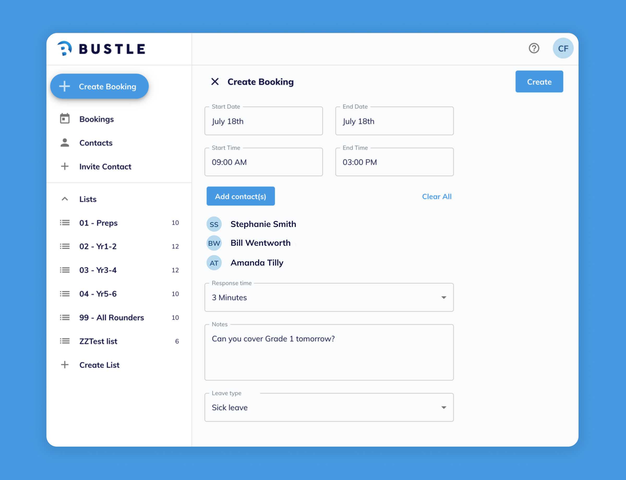 Bustle create booking